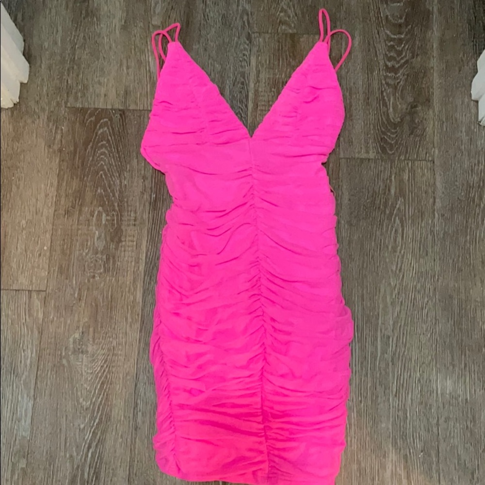 Hot pink ruched mini dress